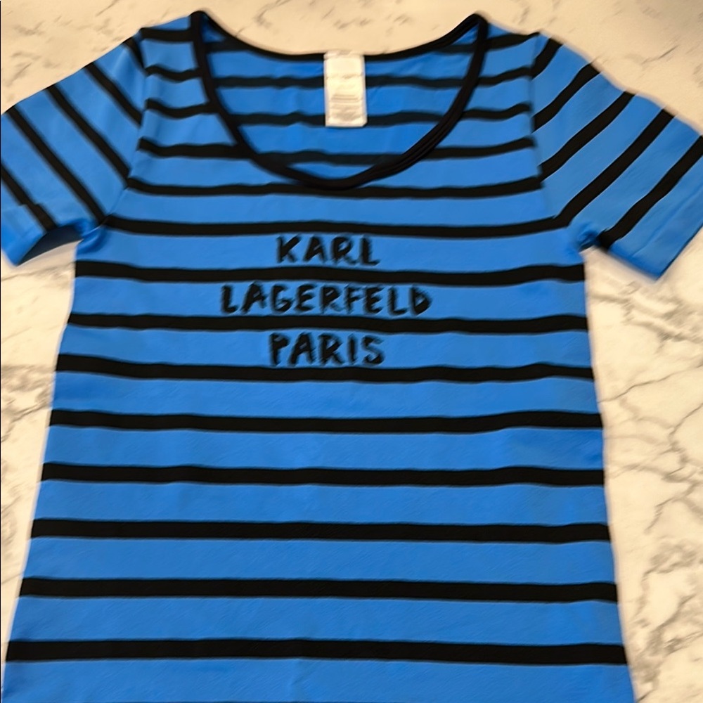Karl Lagerfeld Blue Black Striped Short Sleeve Tee